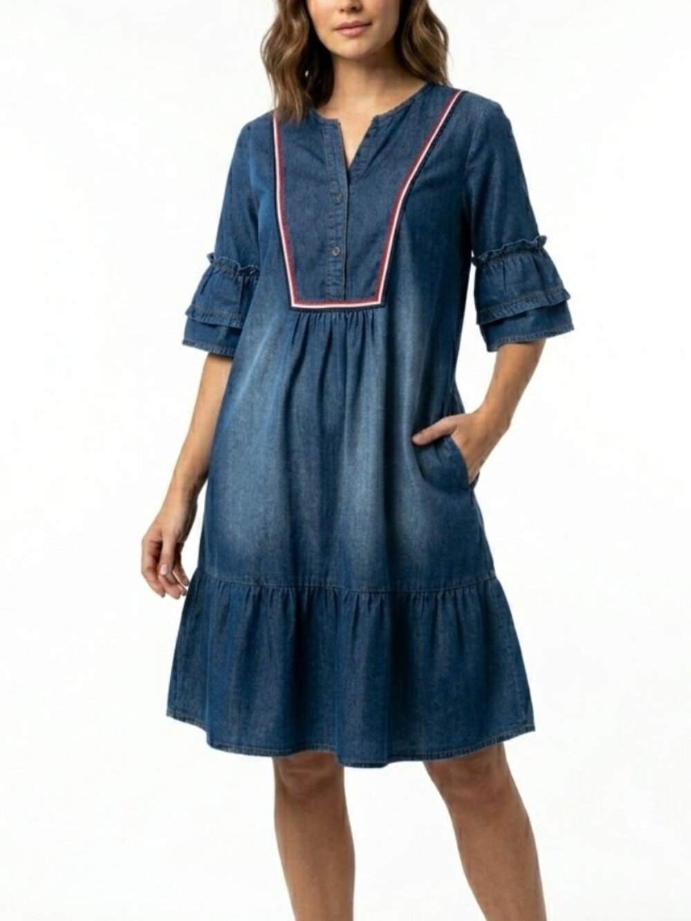 Nautical Americana Denim Red White Blue Trim Shift Dress with Pockets Sz Large